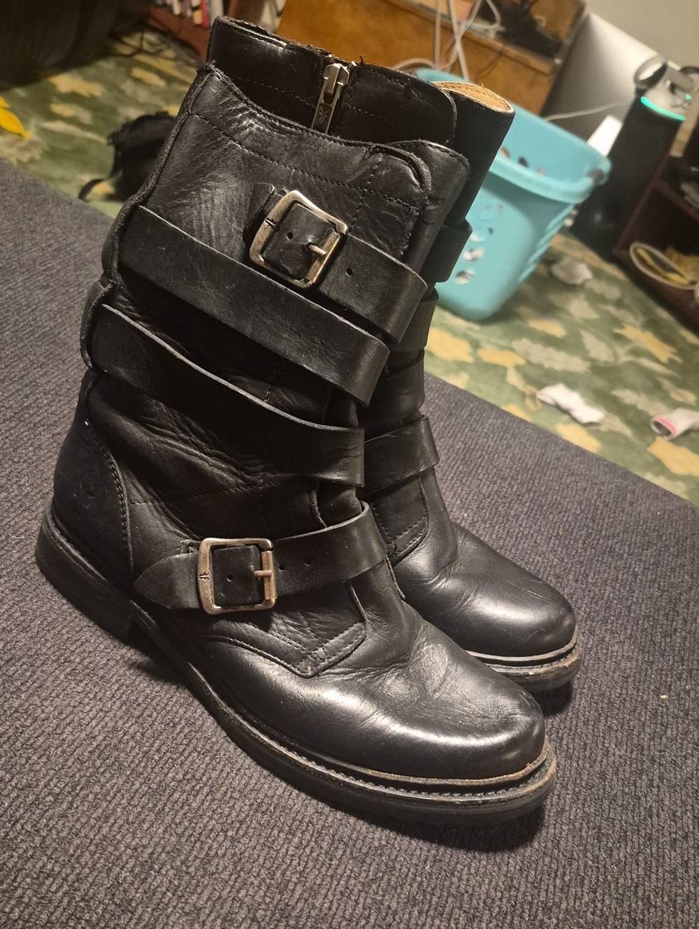 Black Leather Buckle Strap Women's Combat Boots